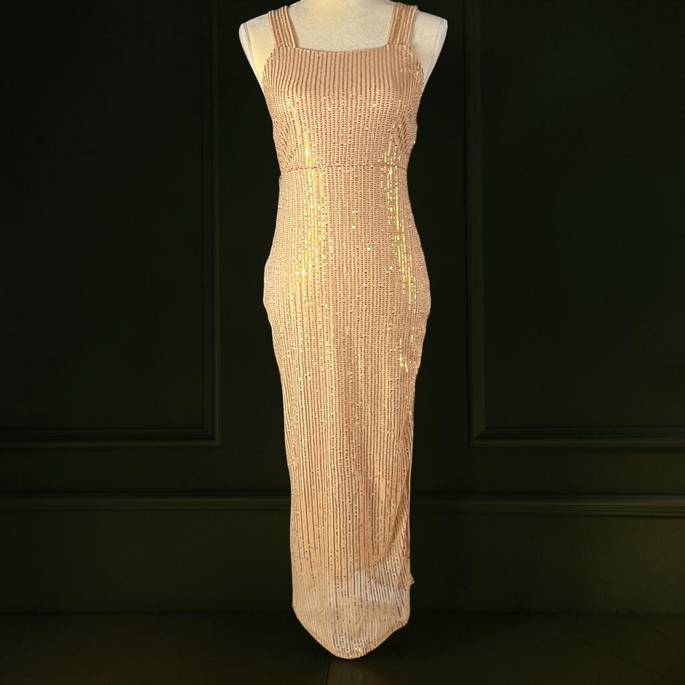 Gold Sequin Striped Maxi Dress Square Neck Side Slit Size Small Party Sparkle